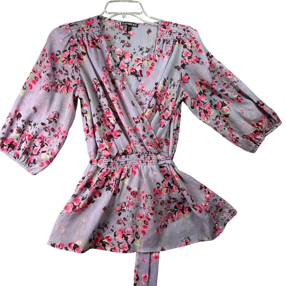 Express Boho Floral Metallic Wrap Blouse Smocked‎ Waist Lavender Romantic XS